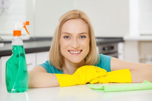 Technician using protective equipment during oven cleaning
