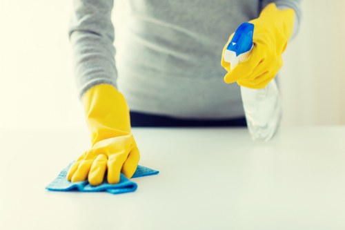 Oven cleaning professional working with careful safety procedures